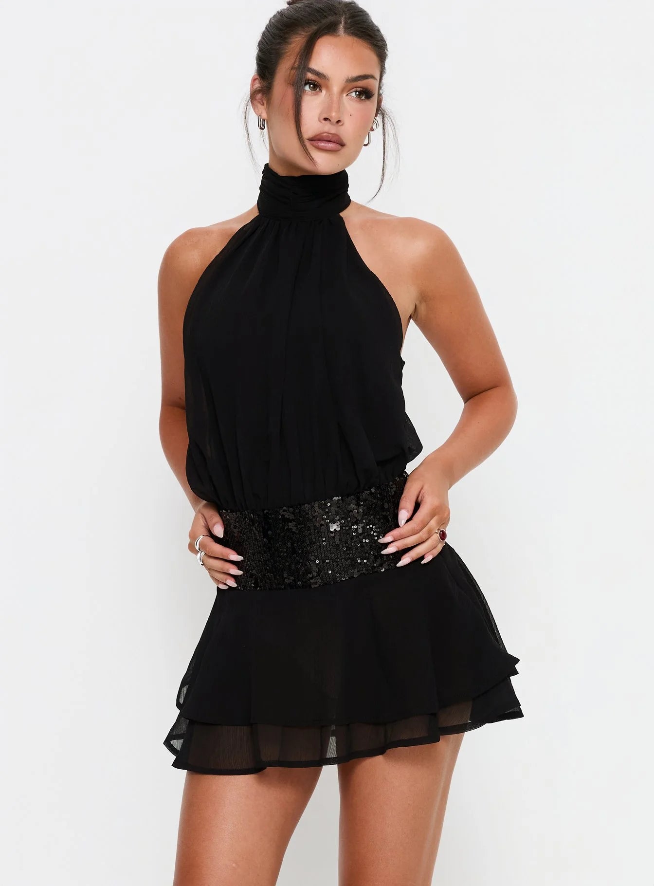 zenayda drop waist sequin mini dress brown POV: your dress is the main character shop the Zenayda Drop Waist Sequin Mini Dress Black online now